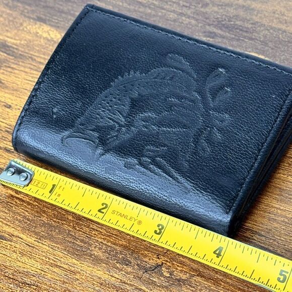 Trifold Genuine Leather Wallet with Embossed Bass Fish Print Black Small 4”x3” - Picture 8 of 8